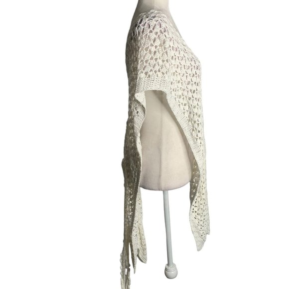 Handmade Loose Knit Cover Up Poncho One Size White V Neck Tie Belt Open Sides - Picture 7 of 8